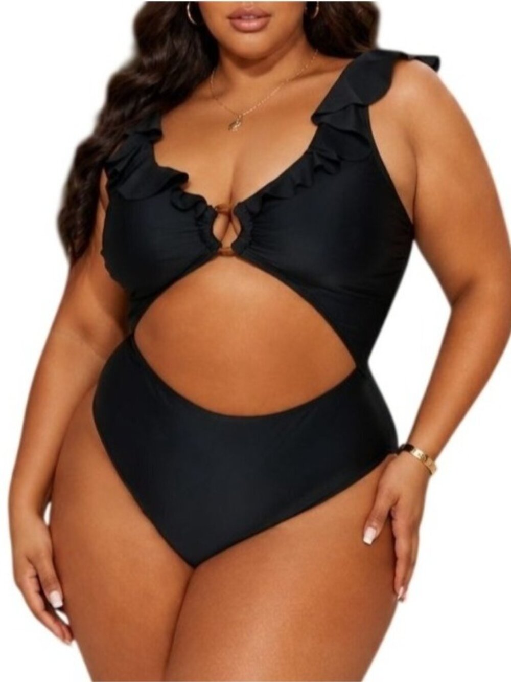 Pretty Little Thing Plus Size 22 Swimsuit Cutout Frill Edge Ring Detail Black